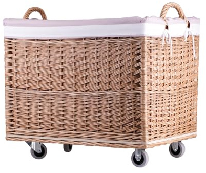 e-wicker24 Alles aus Weide Förvaringslåda, rektangulär tvättkorg, korg med hjul och tygfoder, korgförvaringslåda, låda