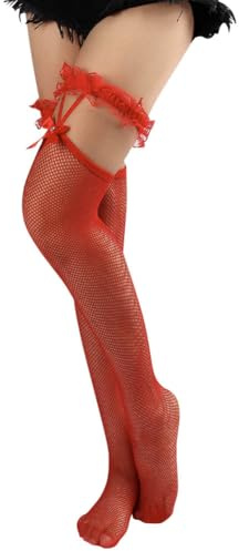 KABAKE Lace Top Fishnet Stockings Sexy Mesh Thigh High Pantyhose Women Tight Hosiery Bow Suspenders Hold up Stockings (Standard, Red)