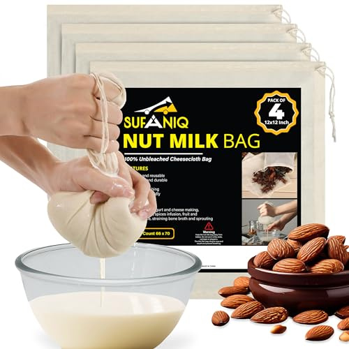 SUFANIQ Nut Milk Bag - 4 Bags (12 x 12 Inch) 100% Unbleached Cotton Cheese Cloth Bag for Straining, Premium Nut Milk Bag Reusable, Nut Bag Strainer for Almond, Soy, Oat Milk, Juices, Cheese Making