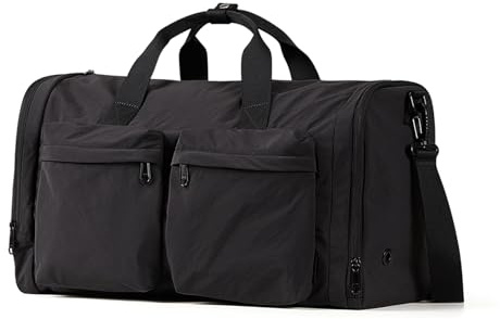 Aji Black Foldable Gym Bag for Women Men with Shoes Compartment, 3 in 1 Carry on Travel Duffel Bags with Trolley Sleeve, Lightweight & Water Resistant Gym Bag for Travel, Sports, Fitness&Workout