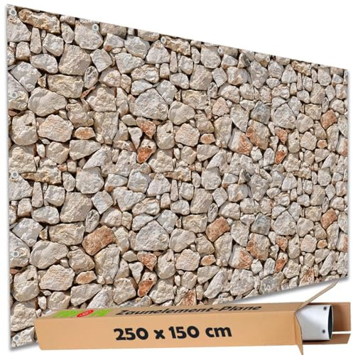 TRIOSK Sichtschutz Garten Deko Zaun Plane Blickdicht groß mit Zaunblende Motiv Bruchstein Mauer Optik Hell für Balkon Terrasse Zaunelement Doppelstabmatten Gartenzaun PVC 250x150 cm