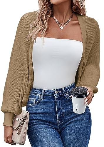 HOTOUCH Cárdigans para mujer UK de manga larga con manga murciélago y estilo batwing, con frente abierto, ligero, casual, holgado, suéter de punto para vestido, noche, boda, caqui, L