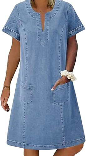 loveimgs Women Casual Short Sleeve Denim Dress V Neck Tunic Mini Jean Shift Dress Jumper Knee Length Boho Sundress Pocket, Light Blue, S