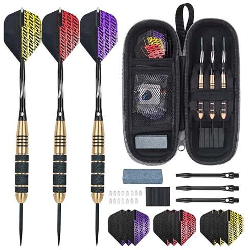 centaur Professional Steel Tip Darts Set - 23 Grams Brass Barrels with 6 Aluminum Shafts (2 Styles 48mm), 9 PET Flights (3 Colors) & Travel Case - Metal Darts Kit for Beginners and Professionals