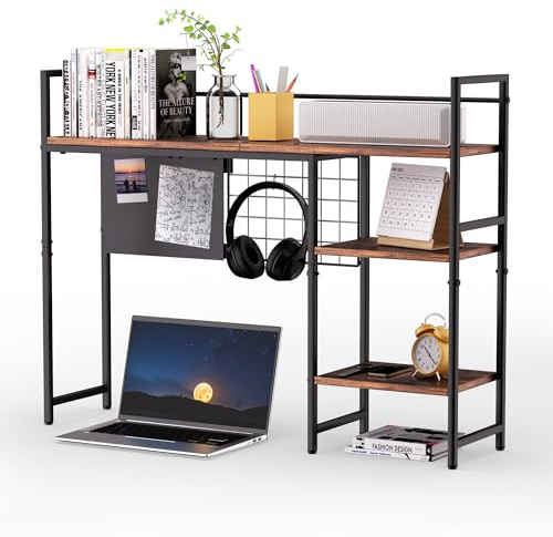 ZNMYDMT 38.5 3-Tier Desktop Bookshelf | Desk Organizer Shelf & Computer Monitor Stand | Dark Brown Home Office Storage