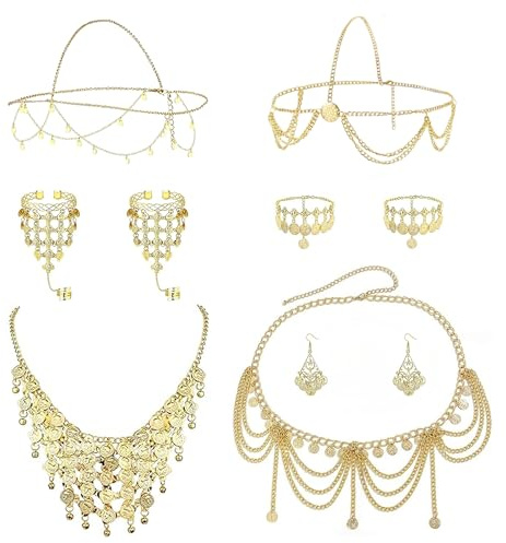 LOFITOR 10 Pcs Belly Dance Jewelry Set for Women Gold Plated Belly Dancer Costume Outfit Sequins Head Chains Boho Coin Bell Veil Necklace Earrings Bracelets Anklet Ring Indian Dance Play Accessories Cosplay C