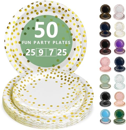 Nkaiso Assiette Jetable Anniversaire, 50 Pièces Blanc Or Vaisselle en carton - 25 Assiettes Plateaux 23cm & 25 Assiettes Dessert 18cm - Pour Mariage, Anniversaire & Événements