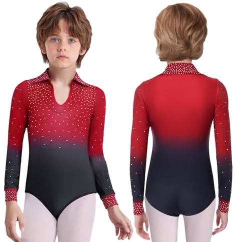 JEYPINMI Boys One Piece Romper Shirts Latin Modern Dancewear Long Sleeve Figure Skating Bodysuit Gymnastics Leotard Top Burgundy 16 Years
