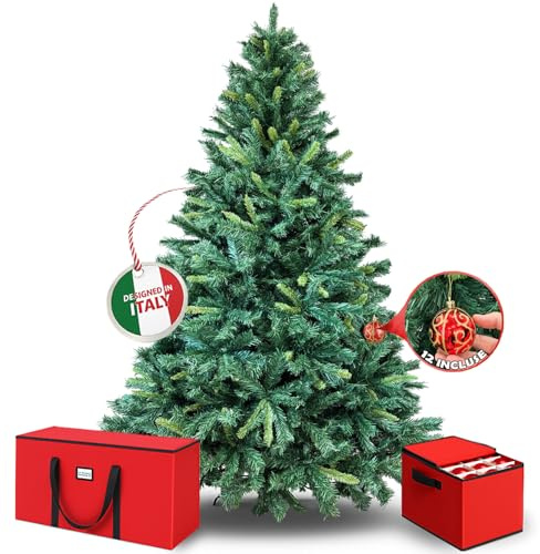 Albero di Natale Artificiale Premium Folto Realistico - Abete Natalizio con Base Robusta in Metallo, PVC Ignifugo Alta Qualità, Montaggio Facile, inclusi Sacche e Set 12 Palline (Con Sacca, 180 cm)
