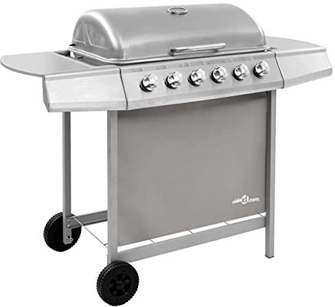 Mokuyary Barbecue Gril à gaz avec 6 brûleurs Argenté Grille avec Roues, Chariot à Barbecue pour Terrasse, Extérieur, Jardin, Camping