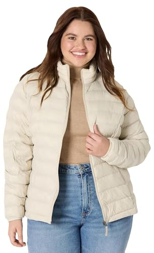 Amazon Essentials Women's Lightweight long-sleeved, water-resistant, packable puffer jacket (available in plus size), Stone, M
