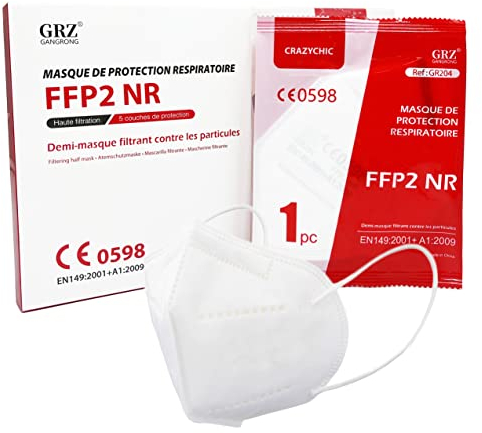 CRAZYCHIC - 100x Masque FFP2 NR Certifié Norme CE EN149 - Masque de Protection Respiratoire - Haute Filtration 5 Couches - Stock France Livraison Rapide - Boîte 100 pièces Blanc