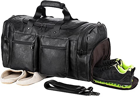 seyfocnia Weekender Bag with Shoe Compartment, Waterproof Pu Leather Overnight Bag Weekender Bag Mens Travel Duffle Bag Large Carry on Bag Travel Tote Duffel Bag for Men or Women-Black