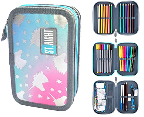 St. Right XXL Federtasche Federmappe Federmäppchen 46-teilig gefüllte Schüleretui 3-stöckig 19 x 13 x 7 cm, 3-Fach Schulstiftetui, dreifaches Federmäppchen Junge Mädchen Ombre Unicorns