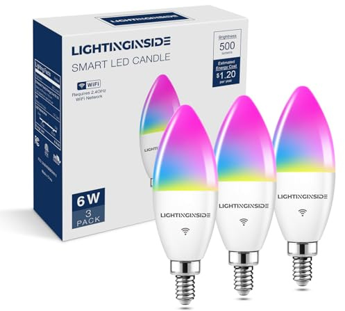 Lightinginside E12 Smart Light Bulbs 60W Equiv., 500LM 6W RGBCW Candelabra Chandelier Candle Bulb Works with Alexa/Google Home/Smart Life, 2.4G WiFi Bluetooth Bulbs, No Hub Required, ETL Listed, 3PCS
