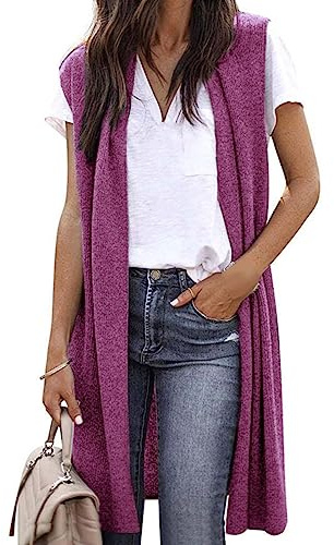IQYU Chaleco sin mangas para mujer, largo y ligero, cárdigan de punto sin mangas, elegante, monocolor, chaqueta de entretiempo, chaqueta de entretiempo, largo frente abierto, chaleco de punto fino y