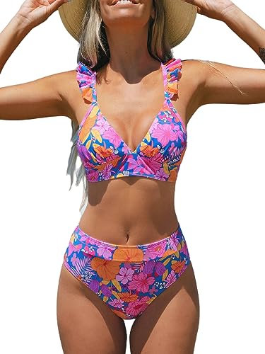 CUPSHE Damen Bikini Set V Ausschnitt High Waist Rüschenträger Blumenmuster Bademode Zweiteiliger Badeanzug Swimsuit Rosa Blumen L