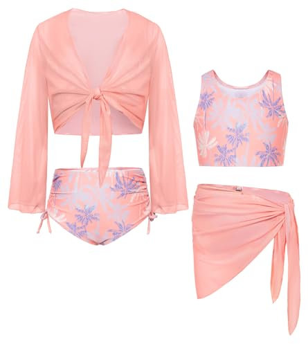 GRACE KARIN Mädchen Badeanzug Rash Guards Schwimmanzug Langarm Oberbekleidung Bademode Hell Pink 8 Jahre