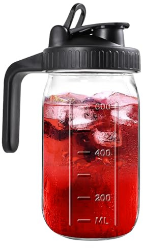 Mason Jar Pitcher, 32 OZ Glass Pitcher with Lid Double Leak-proof with Handle Water Jug Wide Mouth Breast Milk Pitcher Fridge Container for Water, Juice, Iced Coffee, Tea, Juice - Black