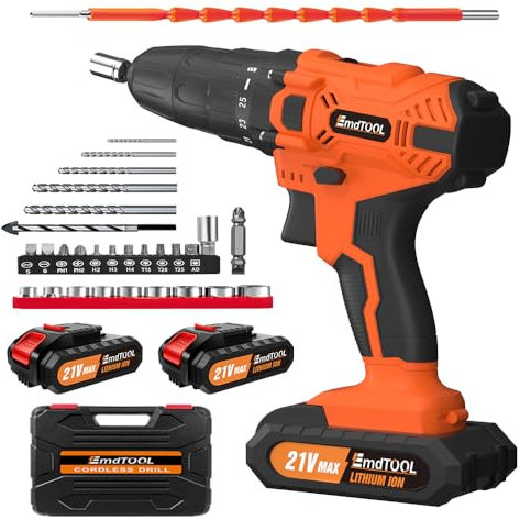 21V Akku-Bohrschrauber für Haus und Garten DIY Projekt, Orange Akkuschrauber Set mit 2 Akkus, 25 + 1 Drehmomentstufen Akku-akkuschrauber mit LED Licht, 45Nm Akku Bohrmaschine, 29PCS Zubehöre Set