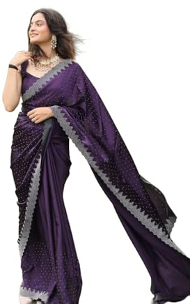 Yashika Lila Satin Sari med Osydd Blus (AZ-YS-OG1-PINTU, Lila, En Storlek)