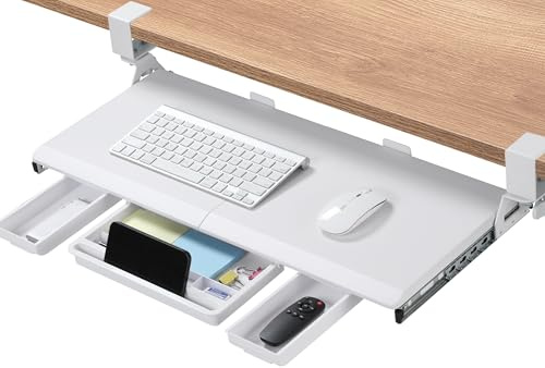 ETHU Under Desk Keyboard Tray with with Storage Drawers, 68x30cm Keyboard Drawer with C-Clamp, Retractable Keyboard Shelf Slide Under Desk for Home & Office, White