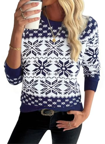 Demegimi Pull de Noël Femme Hiver – Pull Tricoté Chaud à Manches Longues, Col Rond, Motif Flocon, Pullover Top