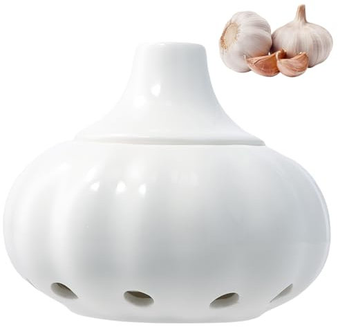 YILANJIN Pot à ail en céramique avec couvercle, pot à ail avec trous de ventilation, boîte à gingembre, fraîcheur ventilée, stockage de pommes de terre et oignons, récipient de cuisine, pot de