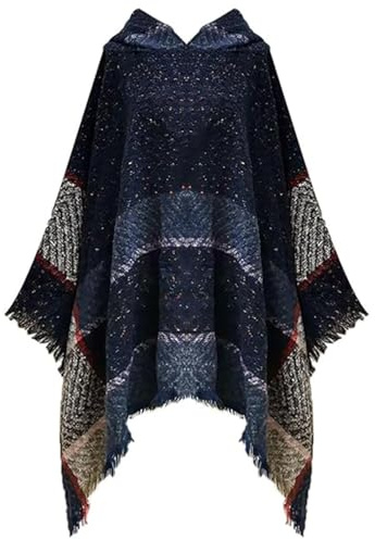 TBSCWYF Stickad damtröja i lös storlek i ren färg och kvinnors pullovers wrap poncho med paljetter toppar damer poncho hög krage sjalar med knappar elegant stickad kappa för kvinnor, marinblå, one