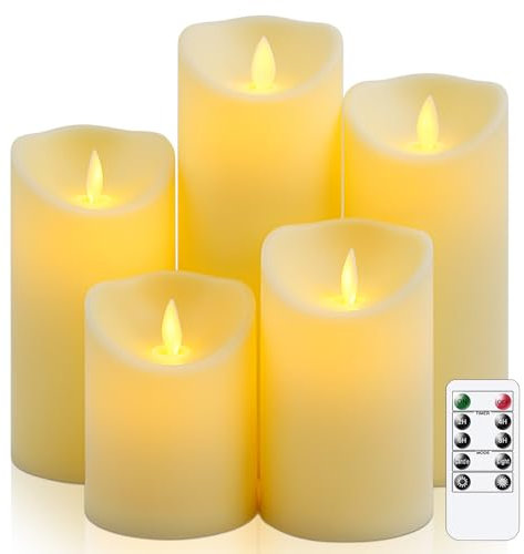 Vtobay Packung mit 5 Flammenlosen Batteriebetriebenen Beweglichen Docht 7,5cm x10 12,5 15 17,5 20cm LED-Kerzen mit Fernbedienung, Flackernde timerfunktion Elfenbein Kunststoff-Kerzen