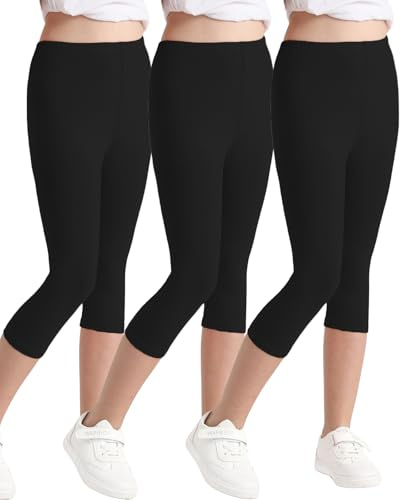 Domee Legging 3/4 Capri Legging Court Pantacourt Coton Été Fille Lot de 3, Noir 8-9 Ans (Taille du Fabricant: 140)