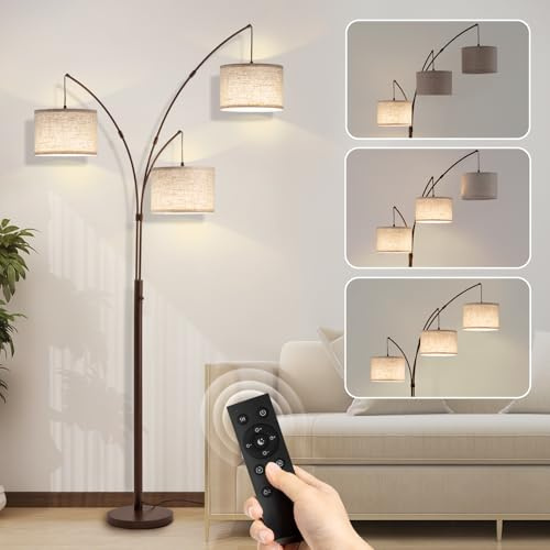 Fansdrick 3 Light Arc Floor Lamps for Living Room, 2400LM Super Bright Floor Lamp with Remote Control, 80 Tall Floor Lamps with Stepless Dimmable, Mid Century Tree Floor Lamp for Bedroom, Office