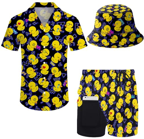 XVBCDFG Conjunto de camisa y pantalones cortos hawaianos para hombre, conjunto de 2 piezas de los años 80 y 90 para hombre, traje de manga corta con botones y sombreros de pescador, Pato de goma retro