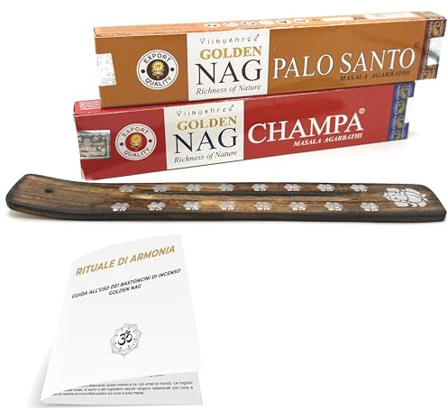 Mamami - Golden Nag Incensi - Set 2 x 15 gr con Porta Incenso in Legno - Palo Santo e Champa - PortaIncenso -Bastoncini Naturali per Meditazione, Yoga, Rilassamento - Con manuale esclusivo Mamami™