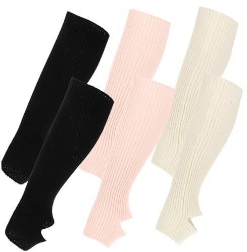 DRESSOOS 3 Par Benvärmare för Tjejer Stickade Fotlösa Balett Yogabenvärmare i Svart Elfenben och Rosa Värmande och Bekväma för Träning och Vardagsbruk