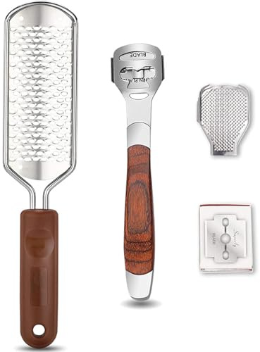 Râpe à pieds et rasoir à callosités avec manche en bois (10 têtes de rechange et 1 lime), kit de lime pour pédicure, grattoir à talon pour pieds, anti-callosités pour peaux mortes sèches, talons