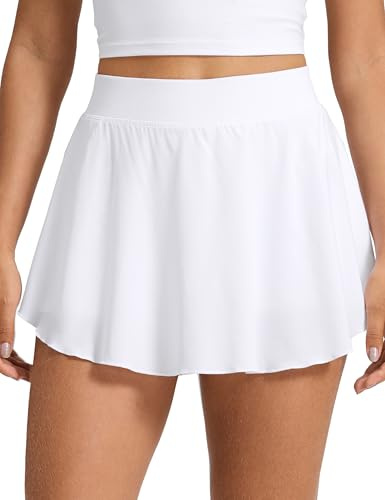 CRZ YOGA Lightweight Drapey Side Slit Tennis Skirts for Women - High Waisted Mini Flowy Lined Golf Skort with Pockets White Medium