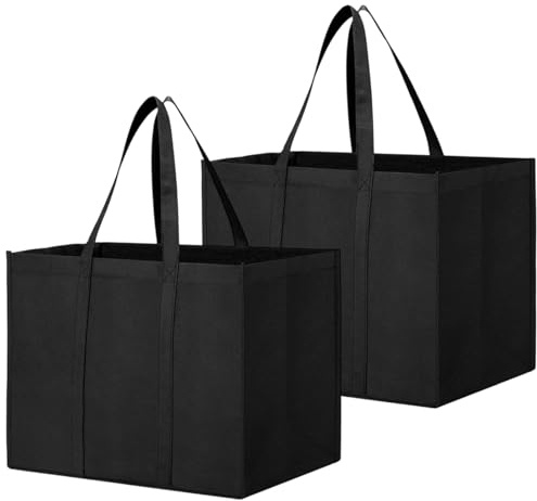 GXAHSOL Lot de 2 Sac de Courses, Sacs de Courses Réutilisables avec Poignée, Sac Caddie Pliable, 41 X 33 X 26 cm Tote Bags Noir Large, pour le Shopping, Pique-nique, Voyage, Plage