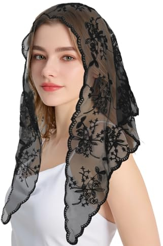 loghohu Lace Triangle Veil, Mantilla Cathedral Wedding Veil Latin Black Floral Catholic Veils for Church Women Mass Head Covering Wedding Bridal