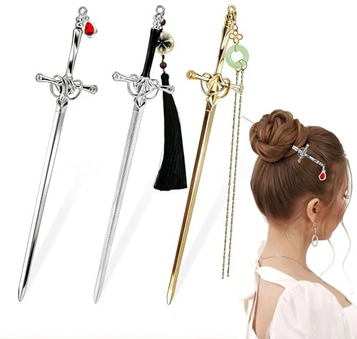 3 Stück Haarnadel Schwert Set aus Legierung, Vintage Haarstab mit Edelsteinanhänger, Antike Lesezeichen für Damen & Herren, Retro Haarschmuck für Cosplay & Mittelalter, Geschenk für Leseliebhaber