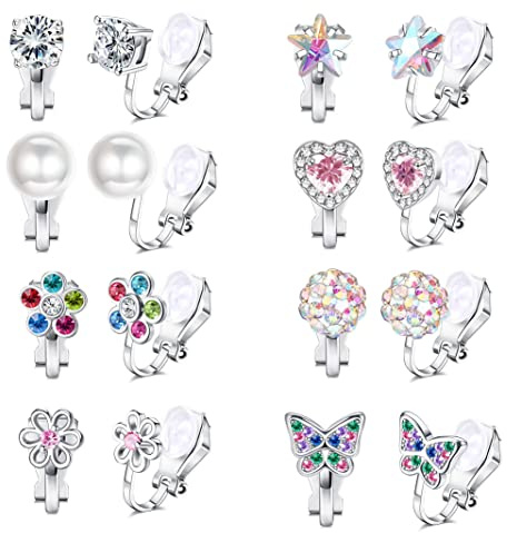 Roheafer 8–10 par öronklämmor barn flickor allergivänliga clips örhängen utan öronhål, med fjäril blomma hjärta stjärna zirkon, glänsande klippörhängen gåva