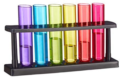 Relaxdays Set med 60 skottglas, 6 stycken Shottingglas med hållare, 4 cl, provrör, plast, färgglada