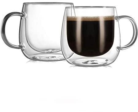 CNGLASS 10oz Double Walled Glass Coffee Mugs(2-pack),Clear Coffee Cups with Handle,Glass Espresso Mugs for Latte,Cappuccino,Tea