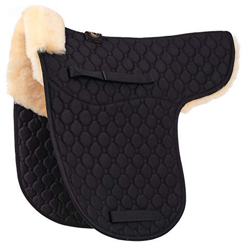 Merauno Echtes Lammfell Sattelkissen Sattel Dressur und Allzweckkissen mit Echtes Lammfell und gesteppter Baumwolle (DR(Dressur), Schwarz mit Naturlammfell)
