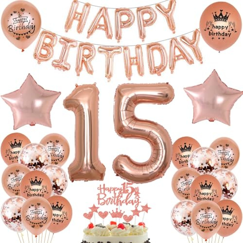 Haosell Décoration d'Anniversaire 15 Ans pour Fille - Or Rose avec Ballon Gonflable Chiffre 15