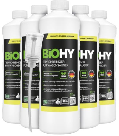 BiOHY Mattvättare för dammsugare (6 x 1l flaska) + doser | lämplig för alla dammsugare | avlägsnar enkelt fläckar | Rengöring och skötsel i bara ett steg (Waschsauger)