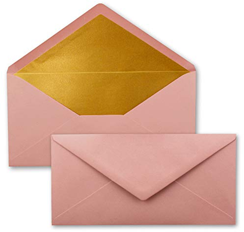 25 Brief-Umschläge DIN Lang - Altrosa (Rosa) mit Gold-Metallic Innen-Futter - 110 x 220 mm - Nassklebung - festliche Kuverts für Weihnachten