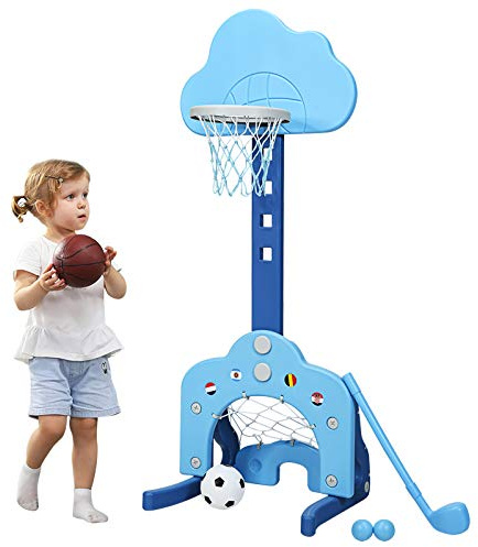 DREAMADE Support de Basketball pour Enfants 3-en-1 avec But de Foot et Clubs de Golf, Panier de Basket Réglable en Hauteur de 77 CM à 116 CM avec Basket/Football/Golf, Enfants 2 Ans+ (Nuage, Bleu)