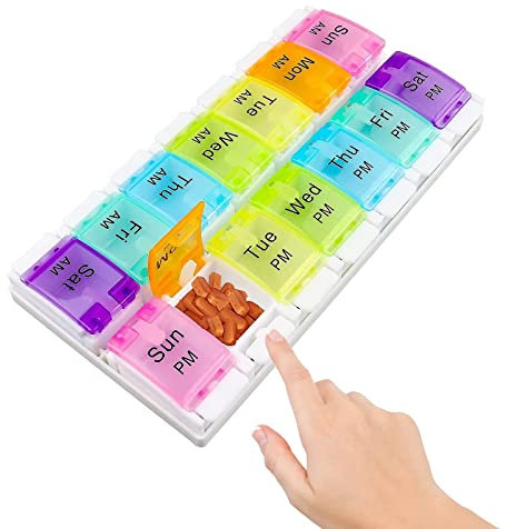 Weekly Pill Box Organiser, Portable Weekly Tablet Box Organiser with Unique Push Buttons Open Design, 7 Day 2 Times AM PM Large Medical Organiser for Work, Travel, Home