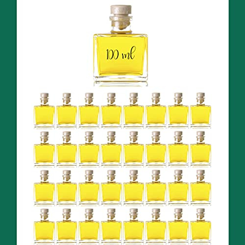Bottiglie Vuote di Vetro Quadrate 100 ml - per Liquore, Olio, Aceto - Con Sughero Sintetico Bianco (32 Pezzi)